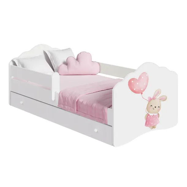 Łóżko dziecięce tapczan 140x70 biały barierka szuflada + materac FALA bunny