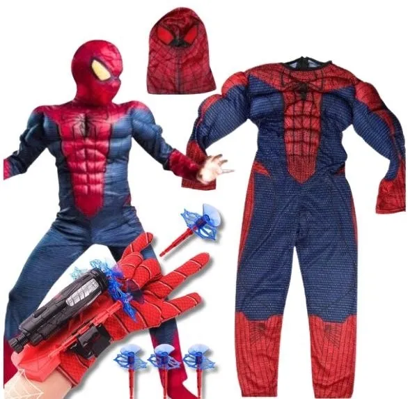 SPIDERMAN STRÓJ Z MIĘŚNIAMI KOSTIUM PRZEBRANIE +RĘKAWICA STRZAŁY 3-5LAT