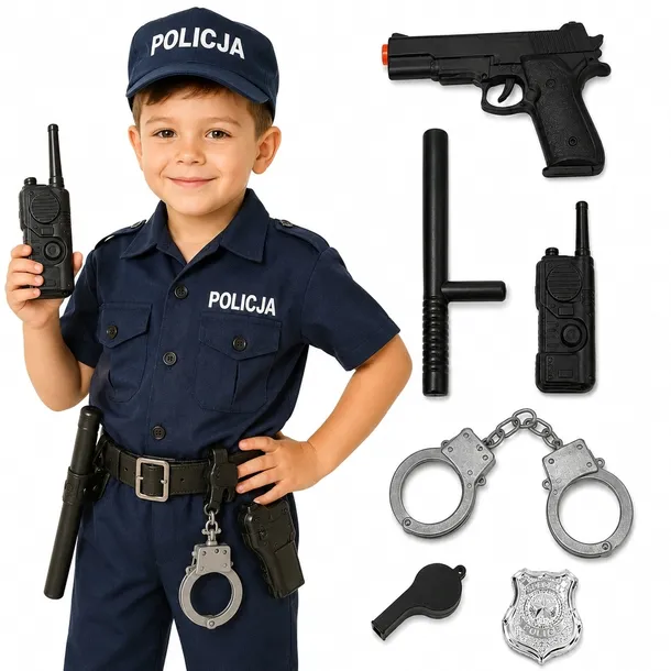 STRÓJ POLICJANTA PRZEBRANIE DLA CHŁOPCA POLICJA KOSTIUM AKCESORIA M 128-134