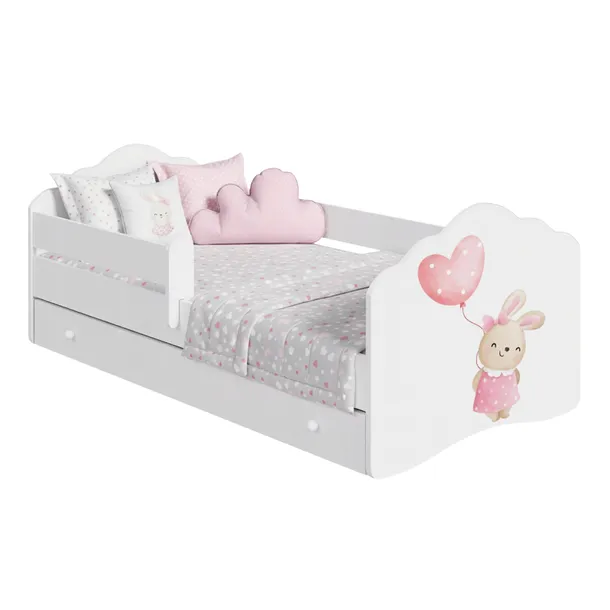 Łóżko dziecięce 160x80 tapczan biały z pojemnikiem + barierka FALA bunny