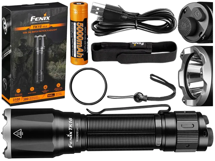 Latarka taktyczna LED Fenix TK16 V2.0 czarna + AKUMULATOR + ETUI + Dodatki