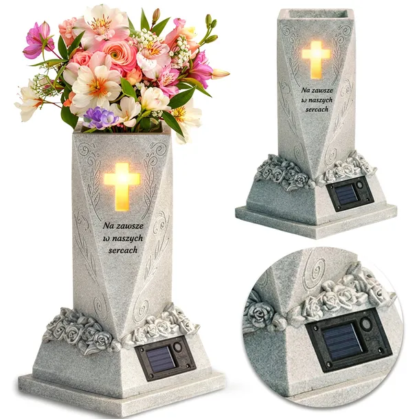 ZNICZ SOLARNY LED KRZYŻ DUŻY NA GRÓB CMENTARZ WAZON LAMPION DEKORACJA IP44