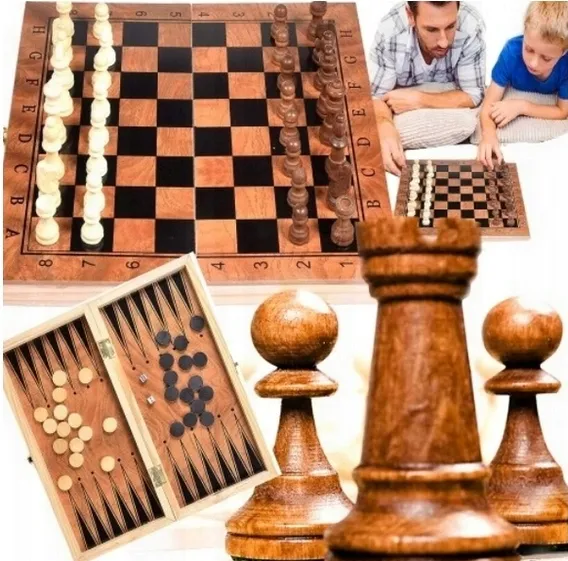 DUŻE SZACHY DREWNIANE GRA SKŁAD TRYKTAK SZACHOWNICA WARCABY KLASYCZNE 35X35