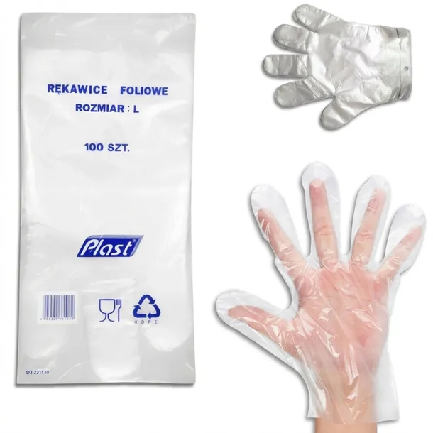 Rękawiczki jednorazowe foliowe HDPE Zrywki Mocne Plast Rozmiar L 100 sztuk