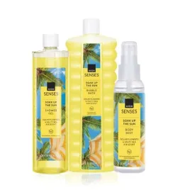 avon-senses-soak-up-the-sun-zestaw-slonecznik-i-kwiat-frangipani-zel-500ml-mgielka-100ml-plyn-do-kapieli-1l