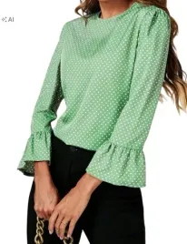 polka-dot-print-frill-detail-cuff-top-in-zielony-2xl