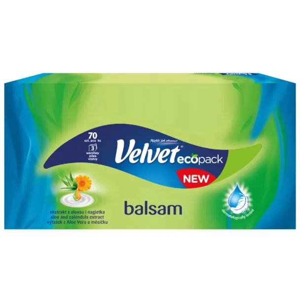 Velvet Balsam Chusteczki Higieniczne z Ekstraktem z Aloesu i Nagietka 3-Warstwowe 70 Sztuk