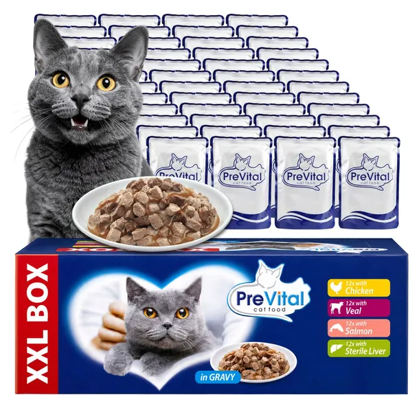 MOKRA KARMA DLA KOTA XXL BOX MIX SMAKÓW 48X100G SASZETKI DLA KOTA PREVITAL
