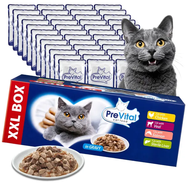 MOKRA KARMA DLA KOTA XXL BOX MIX SMAKÓW 48X100G SASZETKI DLA KOTA PREVITAL