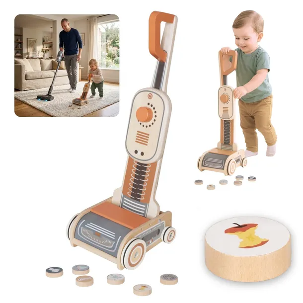 Drewniany ECO Odkurzacz Pionowy Magnetyczne Śmieci Zabawka Dla dzieci 51 cm