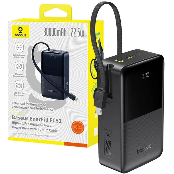 Baseus EnerFill FC51 Bipow 2 Pro 30000mAh 22,5W Cyfrowy wyświetlacz, Wbudowany kabel USB-C Czarny