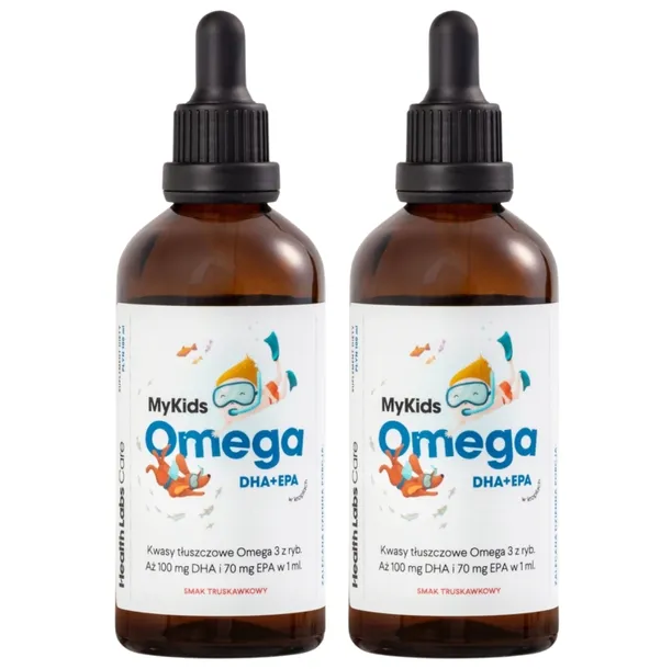 2x Health Labs Care MyKids Omega DHA+EPA 100ml TRUSKAWKOWA OLEJ Z RYB SERCE