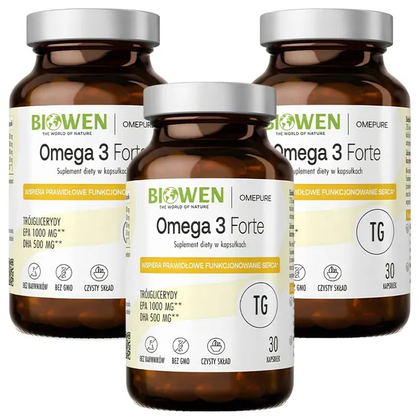 3x BIOWEN Funkcjonowanie Serca Omega 3 Forte 30 kapsułek Lipidy Olej RYBI