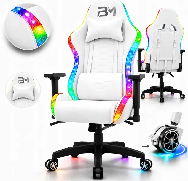 Fotel gamingowy B3M Gaming White Tkanina Ekoskóra LED RGB biały