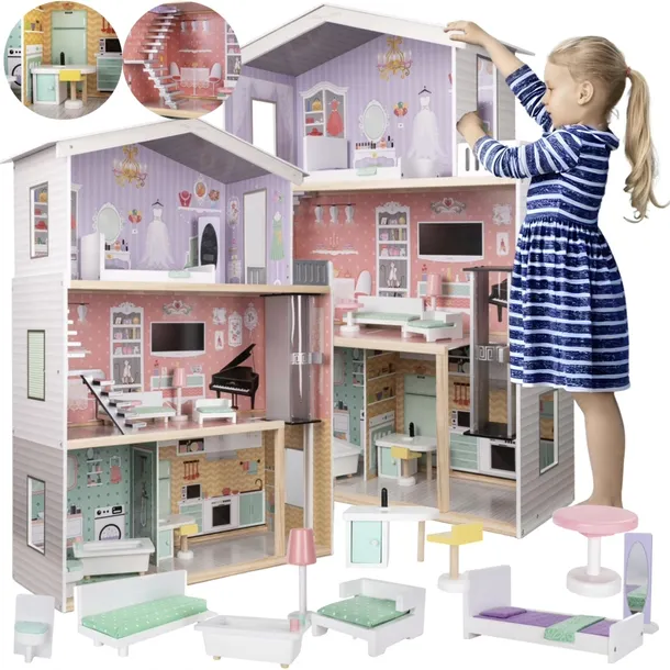 Duży Drewniany Domek Lalek XXL - Willa 117cm PREMIUM + Akcesoria