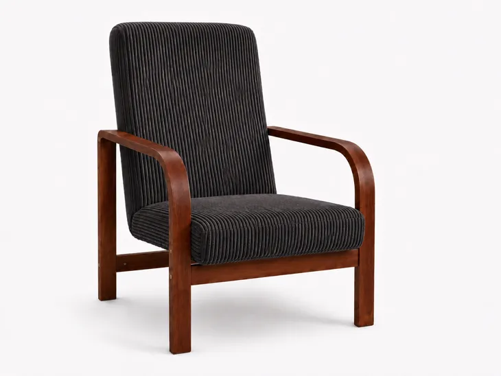 Fotel Nordic Comfort wypoczynkowy salon drewno orzech materiał grafit Z22