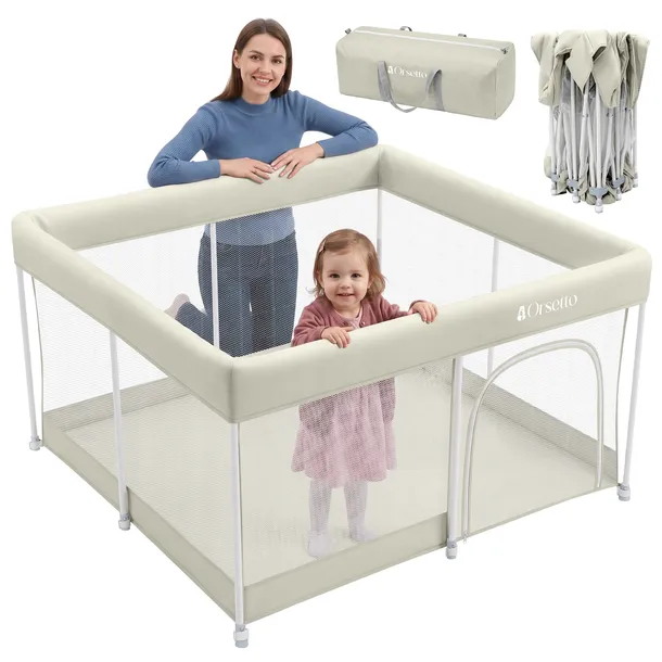 KOJEC DZIECIĘCY 127x127 cm AUTOMATYCZNIE SKŁADANY QUICK FOLD ORSETTO BEŻOWY