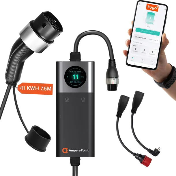 AMPERE POINT ŁADOWARKA PRZENOŚNA Q11 PRO, 11kW, 7,5M Typ2 ADAPTER APLIKACJA