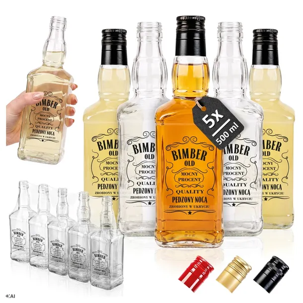 5x BUTELKI DANIELS 500 ml nadruk BIMBER na wódkę whisky koniak z zakrętką