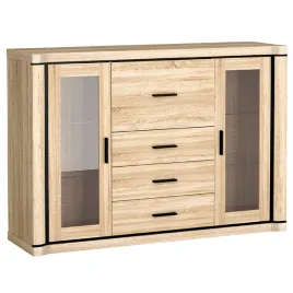 przeszklona-komoda-dallas-d-7-dab-sonoma-157-cm-z-szufladami-czarne-uchwyty