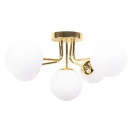lampa-wiszaca-sufitowa-zyrandol-biale-kule-zlota-5-punktow-swiatla-e27
