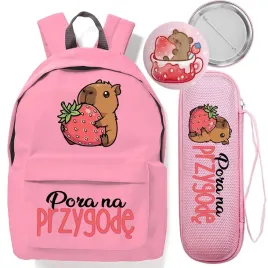 plecak-szkolny-rozowy-piornik-wyprawka-do-szkoly-pora-na-przygode-kapibara