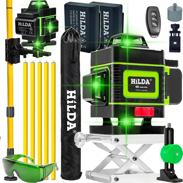POZIOMICA LASEROWA HILDA 16 LINII LASER KRZYŻOWY 4D ZIELONY TYCZKA 4,2M