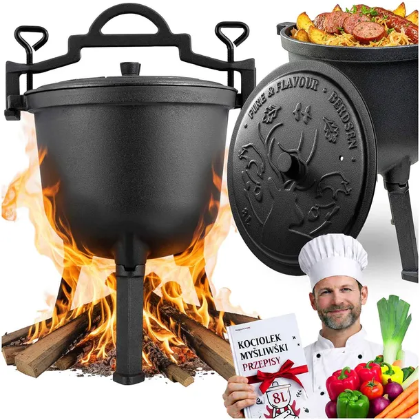 KOCIOŁEK ŻELIWNY 8l GARNEK MYŚLIWSKI pieczonka na ognisko grill + PRZEPISY