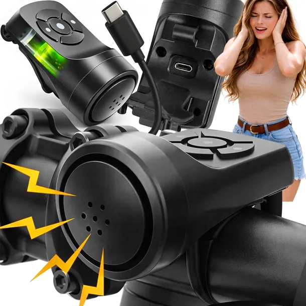 DZWONEK ELEKTRONICZNY ROWEROWY Z ALARMEM KLAKSON 120dB ALARM ROWER USB