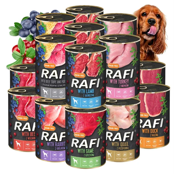 RAFI BEZ ZBÓŻ mokra karma PUSZKI DOLINA NOTECI MIX SMAKÓW DLA PSA 16x400G