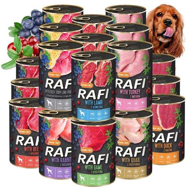 RAFI BEZ ZBÓŻ mokra karma PUSZKI DOLINA NOTECI MIX SMAKÓW DLA PSA 24x400G