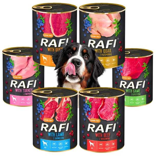 RAFI BEZ ZBÓŻ mokra karma PUSZKI DOLINA NOTECI MIX SMAKÓW DLA PSA 6x800G