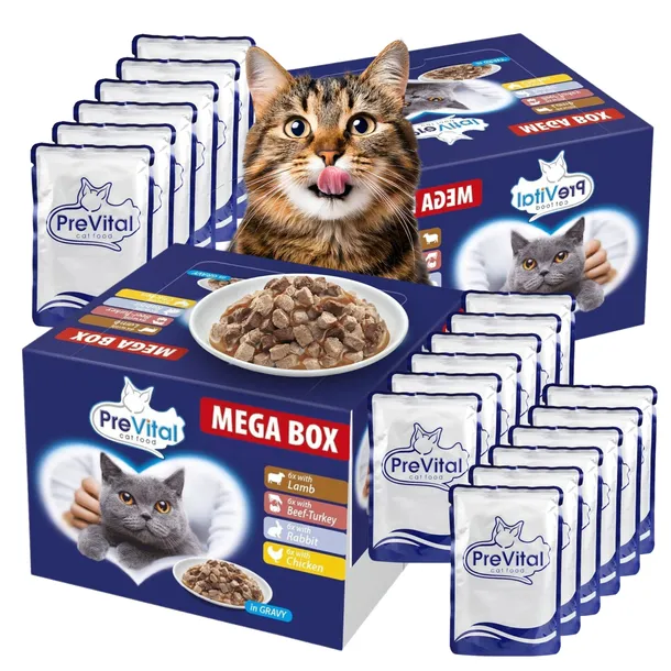 MOKRA KARMA DLA KOTA MEGA BOX MIX SMAKÓW 48X100G SASZETKI DLA KOTA PREVITAL