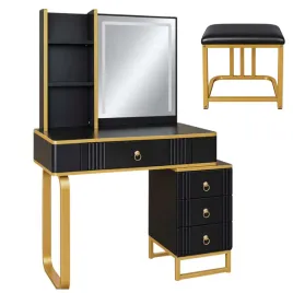 toaletka-z-lustrem-led-czarna-zlota-szuflady-polki-taboret-do-makijazu