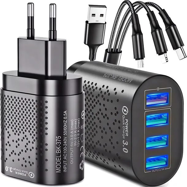 SZYBKA ŁADOWARKA DO TELEFONU KOSTKA 4X USB SZYBKIE ŁADOWANIE I KABEL 3W1