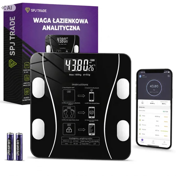 WAGA ŁAZIENKOWA ANALITYCZNA SMART ELEKTRONICZNA BLUETOOTH 5.0 180 KG BMI