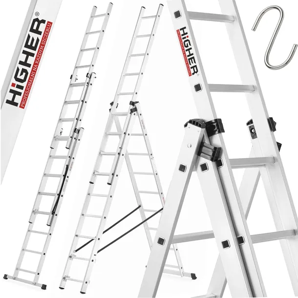Drabina aluminiowa 3x9 WIELOFUNKCYJNA na schody HIGHER 7,10m 150kg +GRATIS