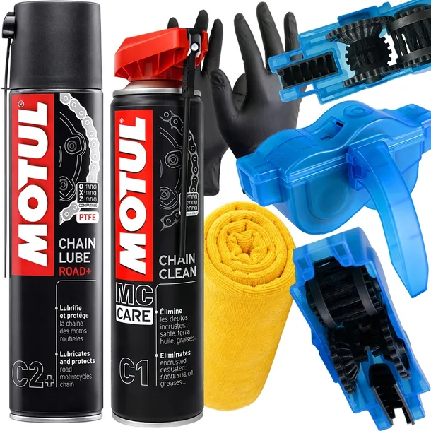 ZESTAW MOTUL DO CZYSZCZENIA SMAROWANIA ŁAŃCUCHA MOTOCYKL ROWER SZCZOTKA