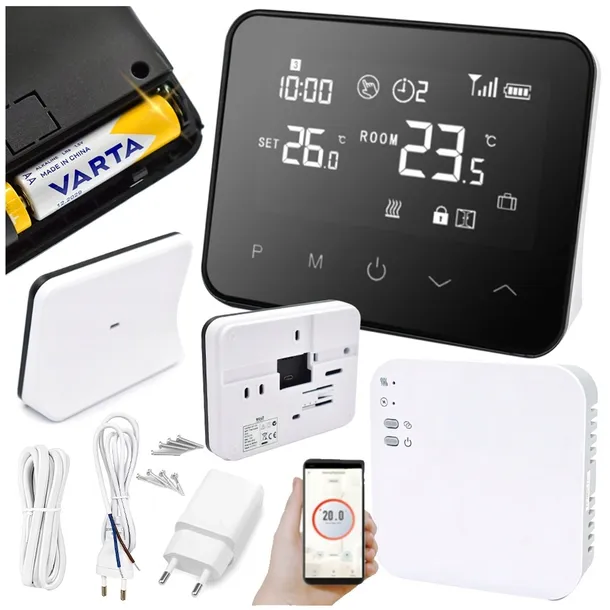 STEROWNIK REGULATOR TERMOSTAT POKOJOWY BEZPRZEWODOWY WIFI + KABLE ODBIORNIK