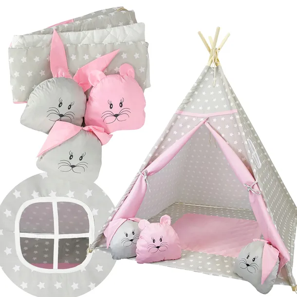 Szaro-Różowy Namiot Tipi PREMIUM Królik + Poduszki