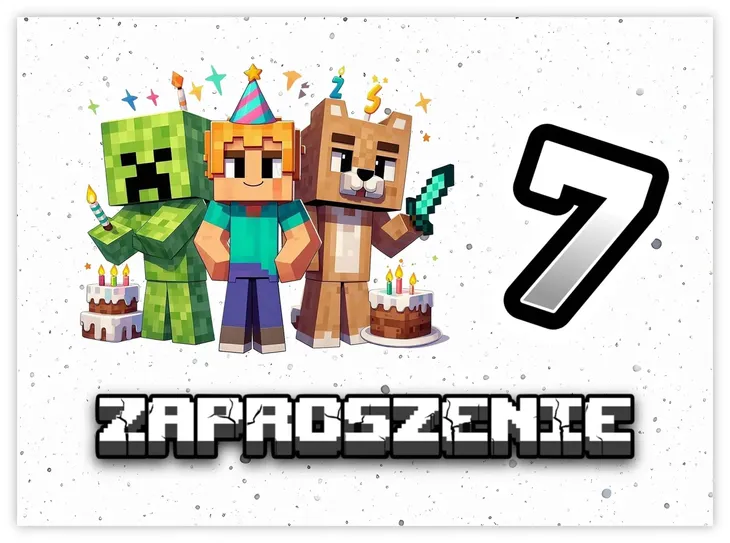 ZAPROSZENIA NA 7 URODZINY Minecraft Piksele Latek + KOPERTA