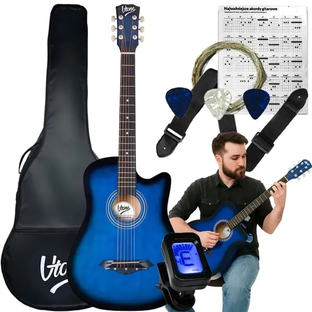 GITARA AKUSTYCZNA 4/4 STROIK POKROWIEC KOSTKI PASEK STRUNY ZESTAW PREZENT
