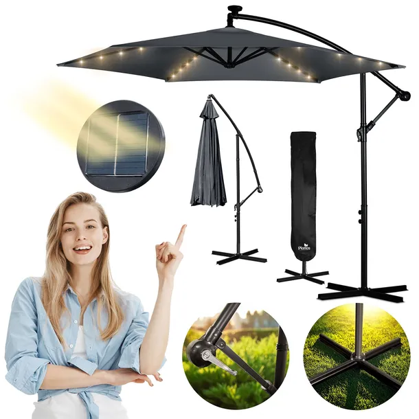 Parasol ogrodowy duży składany z wysięgnikiem pokrowiec lampki LED Ø 300cm
