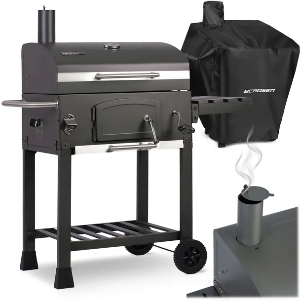 GRILL WĘGLOWY OGRODOWY KOMIN ŻELIWNY RUSZT TERMOMETR + POKROWIEC