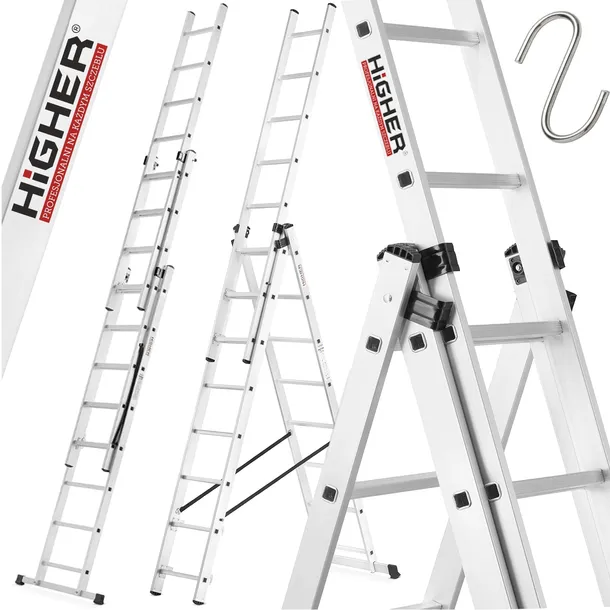 Drabina aluminiowa 3x8 wielofunkcyjna na schody HIGHER 6,48m 150kg + GRATIS