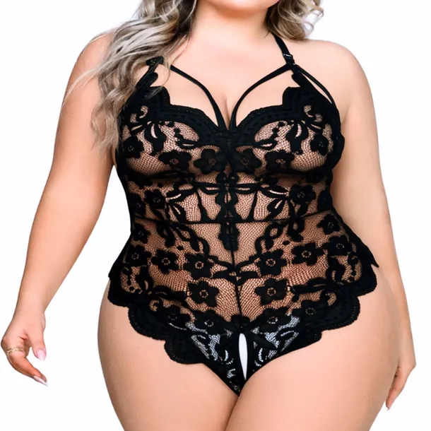 Czarne Body Koronkowe Plus Size Erotyczne Odkryte Krocze Na Noc 2XL 3XL