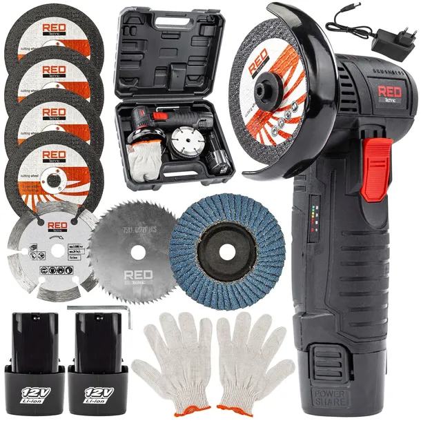 MINI SZLIFIERKA KĄTOWA AKUMULATOROWA 12V BEZSZCZOTKOWA + 2x AKU 7x TARCZA