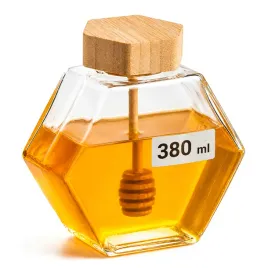 sloik-szklany-na-miod-380ml-z-nabierakiem-lyzka-heksagon