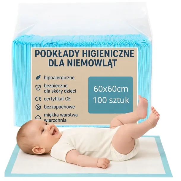 PODKŁADY CHŁONNE HIGIENICZNE MATY JEDNORAZOWE DO PRZEWIJANIA 60X60 100 SZT