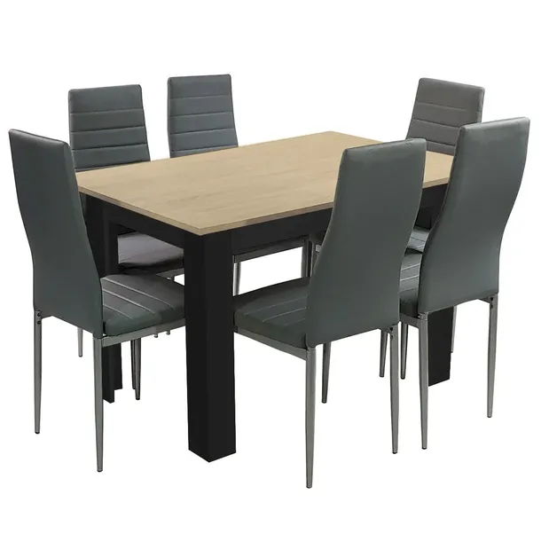 Zestaw stół 120x80 blat jasny dąb sonoma/nogi czarne 6 szarych krzeseł Nice